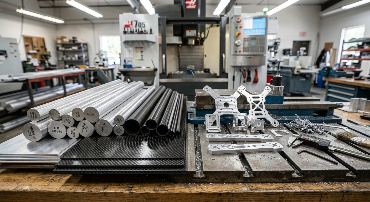 Various aluminum alloy stock and carbon fiber sheets with machined drone parts on a CNC workshop table