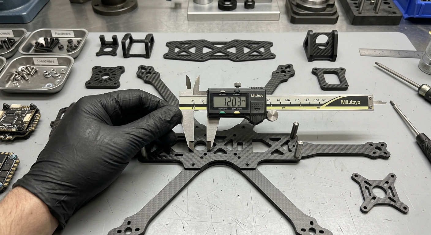 Precision CNC-machined drone frame components with dowel pins and digital caliper showing tight tolerances