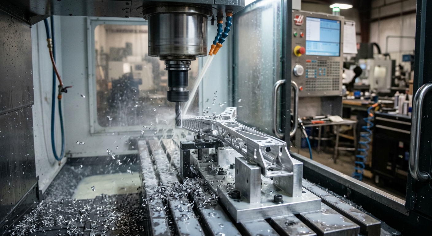CNC milling machine cutting a thin-walled aluminum drone arm with visible aluminum chips