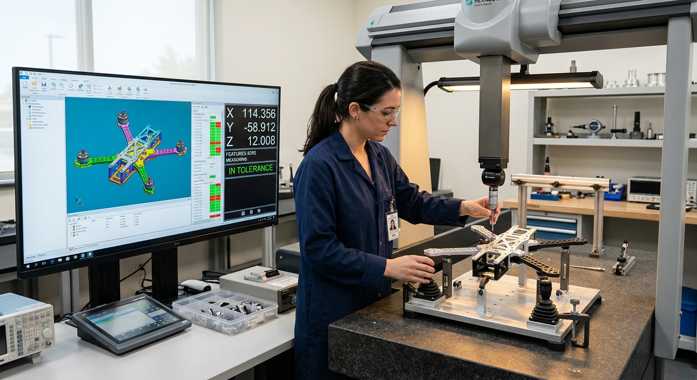 Coordinate measuring machine inspecting CNC-machined drone frame parts in a metrology lab