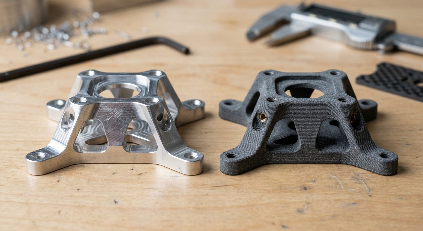 Comparison of CNC machined aluminum motor mount and 3D printed nylon motor mount showing surface texture differences