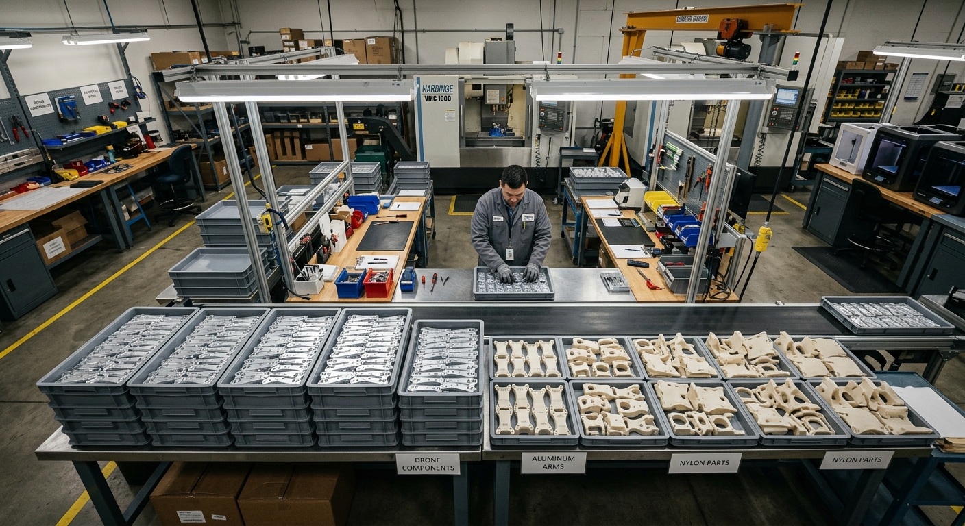 Production batch of CNC machined drone arm plates and SLS printed nylon drone parts in an industrial workshop