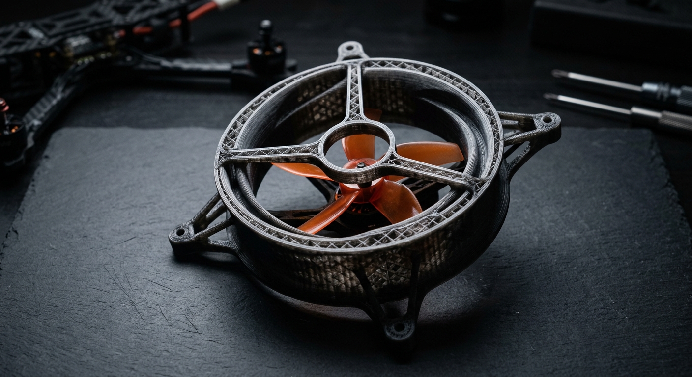 3D printed ducted propeller shroud for racing drone showing internal lattice structure