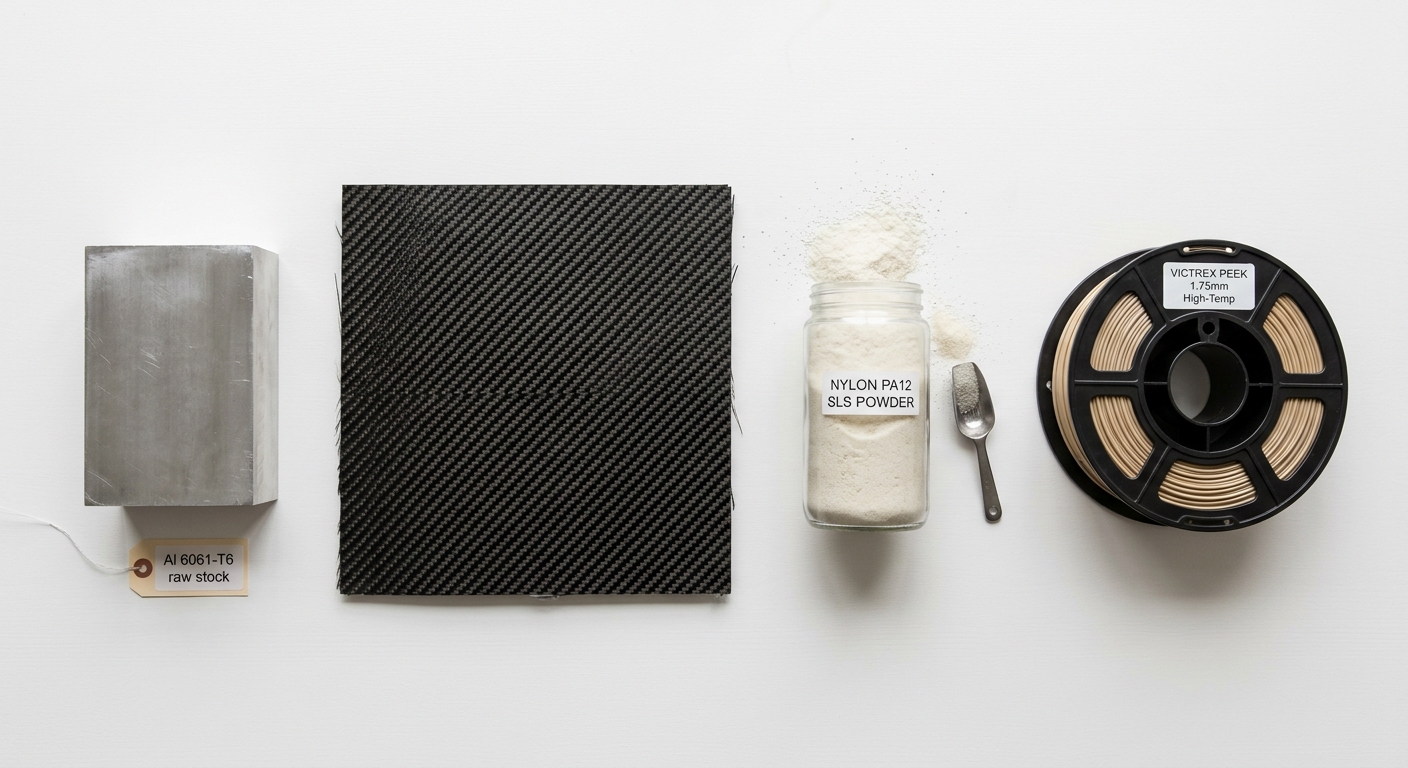 Flat lay of drone manufacturing materials including aluminum billet carbon fiber sheet and nylon powder